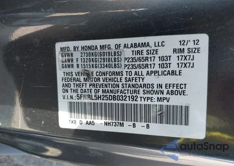 2013 Honda Odyssey Lx from USA, damaged, VIN 5FNRL5H25DB032192